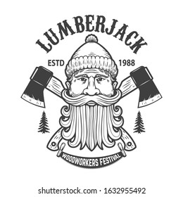 Lumberjack festival. Emblem template with lumberjack head and crossed axes. Design element for logo, label, sign, poster, banner, card. Vector illustration