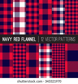 Lumberjack Flannel Plaid Vector Patterns in Navy Blue and Red Buffalo Check and Gingham. Trendy Hipster Style Backgrounds. Vector EPS File's Pattern Tile Swatches made with Global Colors.