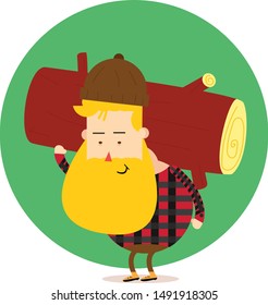 Lumberjack Flat Character Strong Man Woodcutter Vector Illustration with Beard and holding a Tree