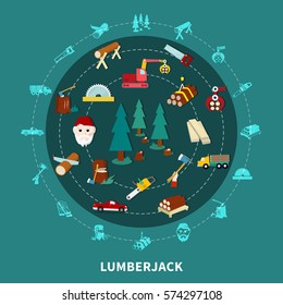Lumberjack flat colored round composition with tools for work equipment and attributes vector illustration