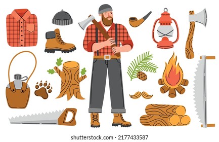 Lumberjack flat vector icons collection