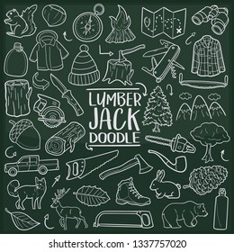 Lumberjack Forest Man. Chalkboard Doodle Icons. Sketch Hand Made Design Vector Art.