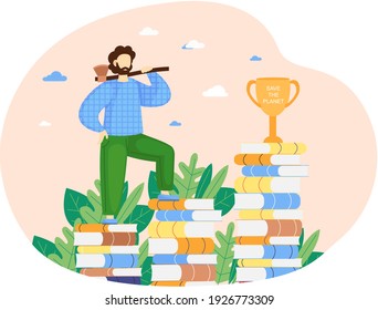 Lumberjack forester logger carrying an ax, looking on stack of books against background of green bushes. Gold winner cup with lettering save the planet. Ecology concept to stop deforestation