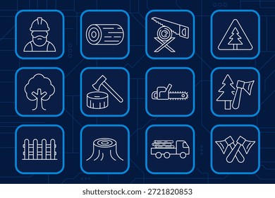 Icono de conjunto de leñador y silvicultura. Árbol, hacha, sierra, tronco, camión, tocón, valla, trabajador, bosque, motosierra, madera, industria de la madera, herramientas de deforestación.