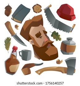 Lumberjack with ginger beard and his stuff. Collection of lumberjack things and work tools. element, tools. Vector illustration.