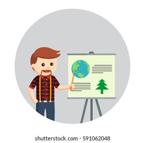lumberjack giving presentation about logging in circle background