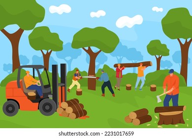 Grupo de leñadores en el bosque, ilustración vectorial. Caracter de personas cortadas árbol, madera de dibujos animados, leña de madera. Trabajador de Woodcutter en el registro