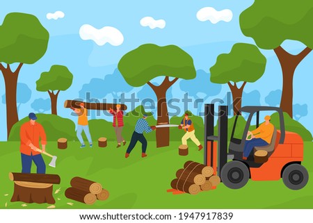 Lumberjack group in forest, vector illustration. Man people character cut tree, cartoon lumber, wood log. Woodcutter worker in logging