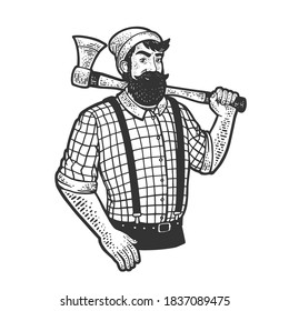 lumberjack guy sketch engraving vector illustration. T-shirt apparel print design. Scratch board imitation. Black and white hand drawn image.