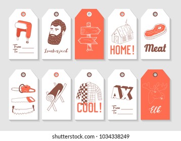 Lumberjack Hand Drawn Tags Collection. Vintage Style Freehand Elements Axe, Hipster, Woodcutter. Vector illustration