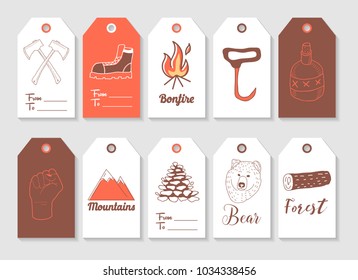 Lumberjack Hand Drawn Tags Collection. Vintage Style Freehand Elements Axe, Hipster, Woodcutter. Vector illustration