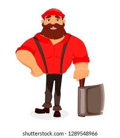 Lumberjack. Handsome logger holding axe. Cartoon character. Vector illustration on white background. 