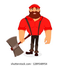 Lumberjack. Handsome logger holding big axe. Cartoon character. Vector illustration on white background. 