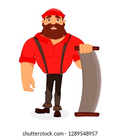 Lumberjack. Handsome logger holding two-handed saw. Cartoon character. Vector illustration on white background. 