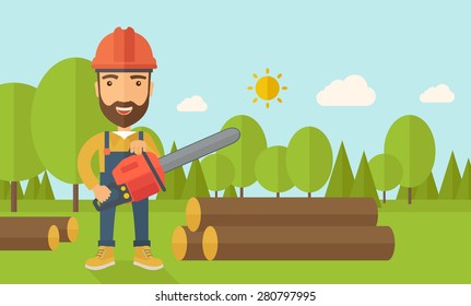 Lumberjack with hard hat as protection cuts a tree by chainsaw under the heat of the sun. A Contemporary style with pastel palette, soft blue tinted background with desaturated clouds. Vector flat