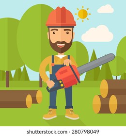 Lumberjack with hard hat as protection cuts a tree by chainsaw under the heat of the sun. A Contemporary style with pastel palette, soft blue tinted background with desaturated clouds. Vector flat