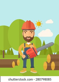 Lumberjack with hard hat as protection cuts a tree by chainsaw under the heat of the sun. A Contemporary style with pastel palette, soft blue tinted background with desaturated clouds. Vector flat