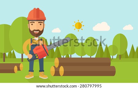 Lumberjack with hard hat as protection cuts a tree by chainsaw under the heat of the sun. A Contemporary style with pastel palette, soft blue tinted background with desaturated clouds. Vector flat