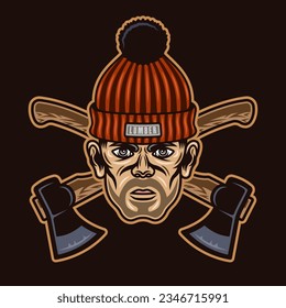 Lumberjack head in knitted hat with bristle and two crossed axes. Vector character illustration in colored style on dark background