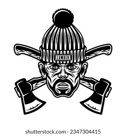 Lumberjack head in knitted hat with bristle and two crossed axes. Vector character illustration in vintage monochrome style isolated on white background