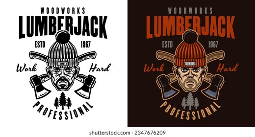 Lumberjack head in knitted hat and crossed axes vector emblem in two styles black on white and colorful