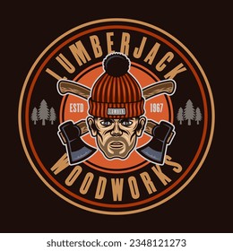 Lumberjack head in knitted hat and crossed axes vector round emblem in colored style on dark background