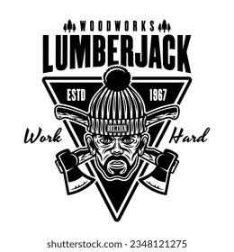 Lumberjack head in knitted hat and crossed axes vector emblem in vintage monochrome style isolated on white background