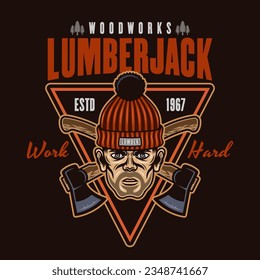 Lumberjack head in knitted hat and crossed axes vector emblem in colored style on dark background