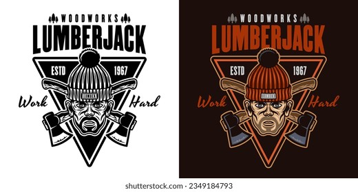 Lumberjack head in knitted hat and crossed axes vector emblem in two styles black on white and colorful