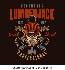 Lumberjack head in knitted hat and crossed axes vector emblem in colored style on dark background