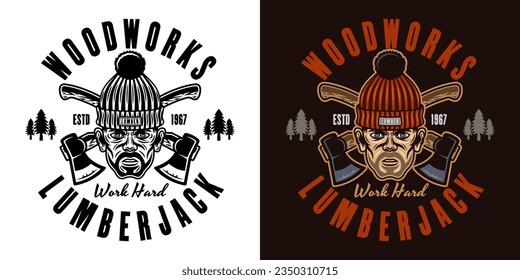 Lumberjack head in knitted hat and crossed axes vector emblem in two styles black on white and colorful