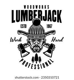 Lumberjack head in knitted hat and crossed axes vector emblem in vintage monochrome style isolated on white background