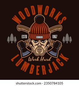 Lumberjack head in knitted hat and crossed axes vector emblem in colored style on dark background