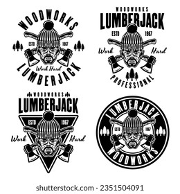 Lumberjack head in knitted hat and crossed axes set of vector emblems in vintage monochrome style isolated on white background