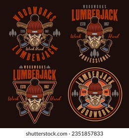 Lumberjack head in knitted hat and crossed axes set of vector emblems in colored style on dark background