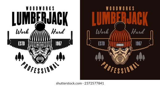 Lumberjack head in knitted hat and saw vector emblem in two styles black on white and colorful