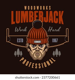 Lumberjack head in knitted hat and saw vector emblem in colored style on dark background. Hand drawn. Not AI generated