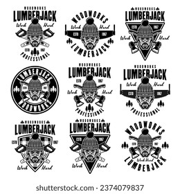Cabeza de lumberjack en el conjunto de emblemas de punto de vectores en estilo monocromo vintage aislado en fondo blanco