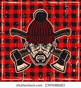 Lumberjack head in knitted hat vector colored illustration on checkered plaid background with removable grunge textures