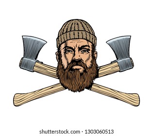 Lumberjack head and two crossed axes. Vector illustration.