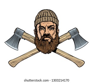 Lumberjack head and two crossed axes. Vector illustration.
