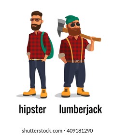 Lumberjack and hipster in the yellow shoes and a red plaid shirt. Vector flat illustration on white background. 