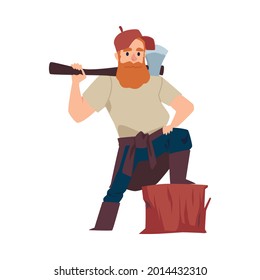 Lumberjack holding axe on his shoulder in flat vector illustration isolated on white background. Bearded cartoon character posing with one foot on a tree stump. Production of wooden materials,