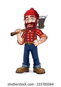 lumberjack holding an axe over his shoulder with a smile