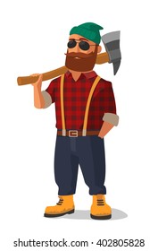 Lumberjack holding an axe over his shoulder.  Yellow shoes and red plaid shirt. Vector flat illustration on white background. 