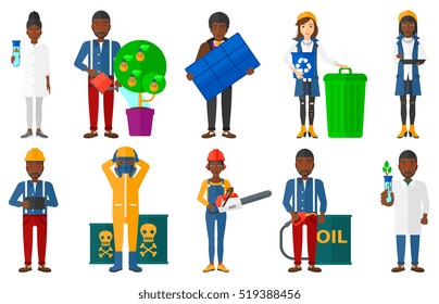 Lumberjack holding chainsaw. Lumberjack in hard hat and headphones at work. Worker of solar power plant holding solar panel. Set of vector flat design illustrations isolated on white background.