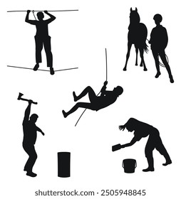 Lumberjack, horseman, horseman, tourist, climber, washer, silhouettes of people, professions, hobbies