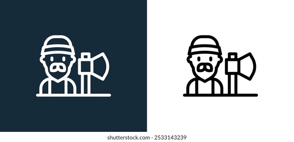 lumberjack icon isolated on white and black colors. lumberjack outline linear vector icon from jobs and professions collection for mobile apps, web and ui.