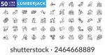Lumberjack icon set with axe, chainsaw, timber, logging, forest, felling, hardwood, softwood, sawdust and free trunk.