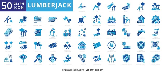 Lumberjack ícone definido com machado, motosserra, madeira, madeira, floresta, corte, madeira de lei, madeiras macias, serragem, madeira, desflorestamento, toros, serragem, arborista, conservação, serraria, linha de madeira e tronco livre